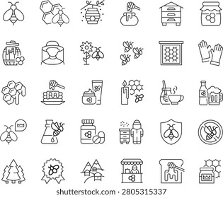 Honey and Beekeeping Line Icons Set - Editable Stroke Vector Collection Featuring Bee, Honeycomb, Beehive, Apiary, Beekeeper, Honey Jar and Organic Honey Products