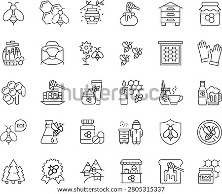 Honey and Beekeeping Line Icons Set - Editable Stroke Vector Collection Featuring Bee, Honeycomb, Beehive, Apiary, Beekeeper, Honey Jar and Organic Honey Products