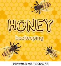 Honey Or Beekeeping Product Poster Design Of Bees Swarm On Honeycomb Background. Vector Flat Honey Bee In Hive Honeycomb For Beekeeper And Organic Natural Apiary Production Industry