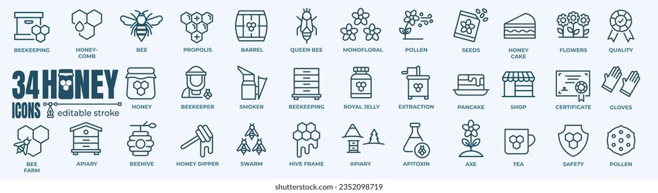 Honey and beekeeping related icons: thin vector icon set