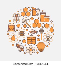 Honey and beekeeping round illustration. Vector flat apiary symbol. Honey farm yellow sign
