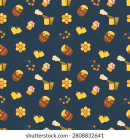 Honey and beekeeping seamless pattern with wooden barrels, honeycombs, bee smoker and wax candles on dark background