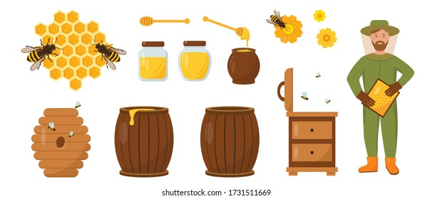 Honey and beekeeping set. Beekeeper with honeycombs, hive, bees and honey. Vector icons illustration on white background.