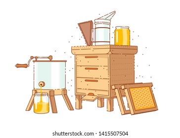 Honey and beekeeping set. Hive. Jar of honey. Bee hive smoker tool