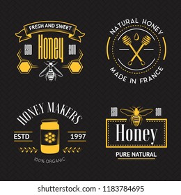 Honey and beekeeping set of vector emblems, labels, badges in vintage style.  Apiary logo template