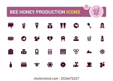 Conjunto de iconos sólidos de miel y apicultura, abeja, colmena, panal, miel, cucharas y más, colección de iconos llena, símbolo editable para Web y ui, Pixel perfecto.