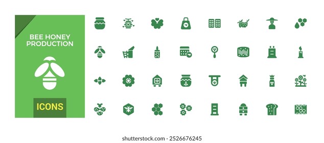 Conjunto de iconos sólidos de miel y apicultura, abeja, colmena, panal, miel, cucharas y más, colección de iconos llena, símbolo editable para Web y ui, Pixel perfecto.