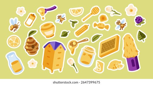 Elementos de adesivo de apicultura de mel. Abelhas de desenho animado com frascos de mel, colmeias, abelhas, favos de mel, flores e fatias de limão. Estilo plano desenhado à mão, adesivos coloridos no fundo verde claro.