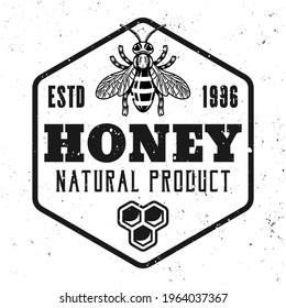 Honey and beekeeping vector emblem, badge, label or logo in monochrome style isolated on white background