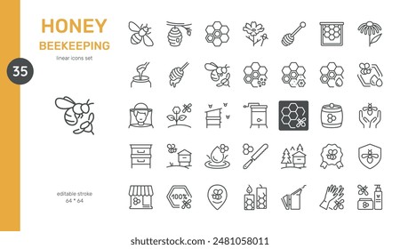 Honey Beekeeping Vector Icons Set. Beekeeping Tools, Honey Harvesting, Beehives, Bees, Honeycomb, Nectar, Flowers, and Organic Honey. Editable Linear Collection.