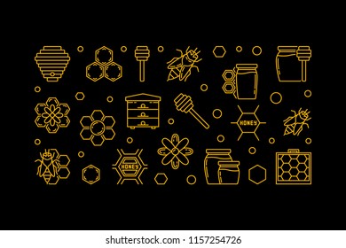 Honey and Beekeeping vector linear banner. Honeybee, bee, honeycomb, apiary, flower, honey jar outline icons on dark background