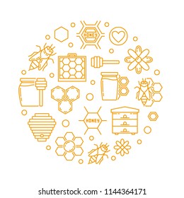 Honey and Beekeeping vector linear round illustration. Honeybee, bee, honeycomb, apiary, flower, honey jar outline icons in circle shape