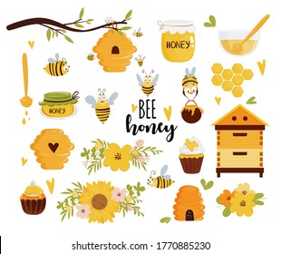 Honey and beekeeping vector set: honey jars, beehive, flowers, honeycomb, cute flying bees, decorative elements. Cute cartoon organic food collection and text label. Vector illustration