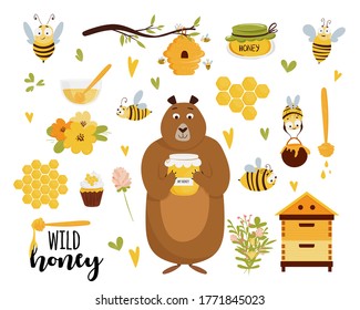 Honey and beekeeping vector set: honey jars, beehive, flowers, honeycomb, cute flying bees, decorative elements, bear holding jar, and lettering. Vector illustration
