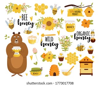 Honey and beekeeping vector set: honey jars, beehive, flowers, honeycomb, cute flying bees, decorative elements, bear holding jar, and lettering. Vector illustration