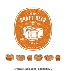 Honey beer label and design elements. Wooden barrels icons set