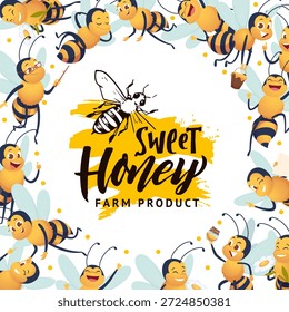 Honigbienen. Hintergrundvorlage in Kreisform mit Bienen im Cartoonstil