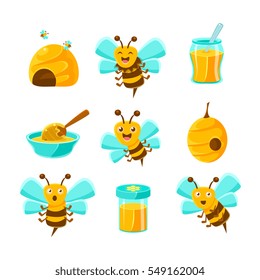 Honey Bees, Beehives And Jars With Yellow Natural Honey Set Of Colorful Cartoon Illustrations.