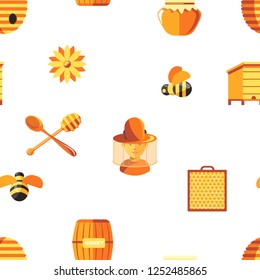 Honey and bees, beekeeper wearing protective suit seamless pattern isolated on white vector. Hive apiary, hobby of male, apiculture working, pot with product, farming and agriculture industry