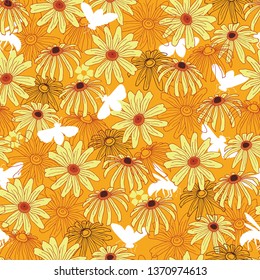 Honey Bees Blossoms Vector Seamless Pattern