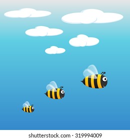 Honey bees. Bumble bees. Three cute cartoon bees are flying in the sky. Vector illustration of bumble bees on blue background. Smiling and happy bees vector on blue background with clouds. 