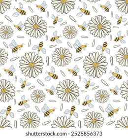 Abejas de miel y flores de manzanilla sin patrón. Prado floral salvaje con fondo de insectos. Impresión de flores y abejas para textiles, papel, tela, embalaje, diseño, Vector