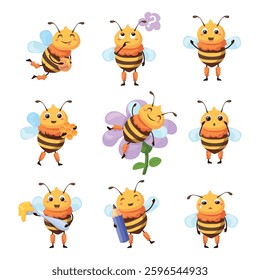 Honey bees characters. Cartoon bee mascot, flying honeybee adorable wasp cute characters with happy face expressions animal insect bug children series set, neat vector illustration original artwork