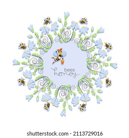 Honey bees. Cheerful bee swarm and a wreath of chamomile flowers. World Bee Day. Bee swarming