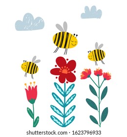 honey bees children's book illustration, flowers, clouds, the picture is for a newborn