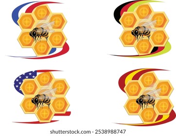 Honey bees collecting nectar from honeycombs with national flags, representing honey production and beekeeping in different countries