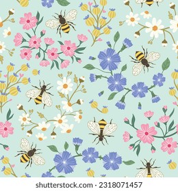 Honey bees and colorful little ditsy flowers on a blue background. Seamless repeated surface vector pattern design.