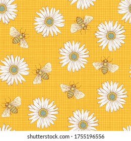 Honey Bees and Daisy Fabric Vector Seamless Pattern