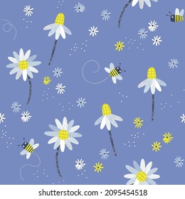 Honey bees Daisy flowers Florets vector seamless pattern. Blue yellow colours summer life background. Decorative chamomile nature surface design for hippie child nursery and baby fashion.