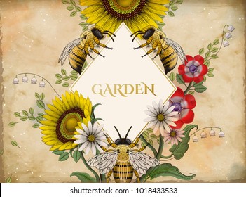 Honey bees and flowers background, retro hand drawn etching shading style design with blank rhombus shape in the middle