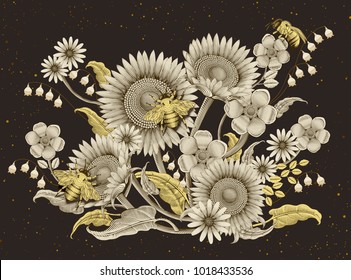 Honey bees and flowers background, retro hand drawn etching shading style design on dark brown background