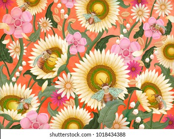 Honey bees and flowers background, retro hand drawn etching shading style design in colorful tone
