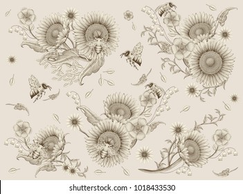 Honey bees and flowers elements, retro hand drawn etching shading style, beige background