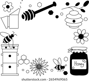 abejas de la miel flores Marco Oval Plantilla. Ilustración de línea gráfica de Vector. Signo de la silueta para el logotipo, impresión, cómics, moda, arte pop, tableros, diseño, pegatinas, decoración, carteles