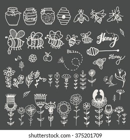 Honey. Bees, flowers and herbs. Cute hand drawn vector set