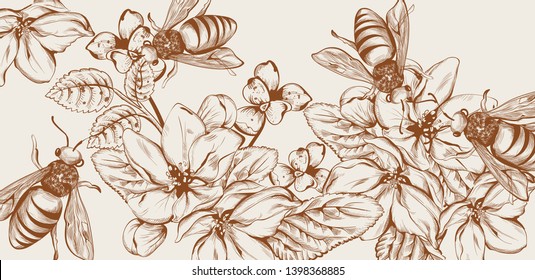 Honey, bees and flowers Vector line art card. Retro vintage old effect style