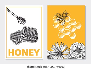 Honey and bees flyer set, hand drawn illustrations. Vector.