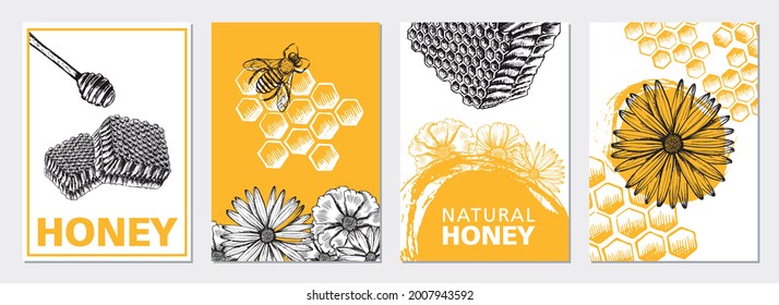 Honey and bees flyer set, hand drawn illustrations. Vector.
