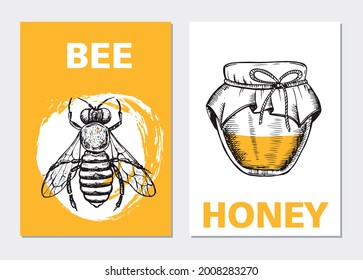 Honey and bees flyer set, hand drawn illustrations. Vector.