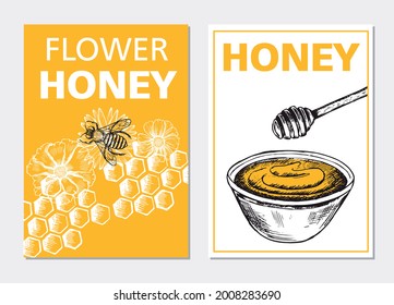 Honey and bees flyer set, hand drawn illustrations. Vector.