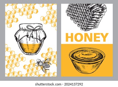 Honey and bees flyer set, hand drawn illustrations. Vector.	
