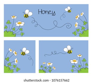 Honey bees flying over daisies and clover. Buzzing bees on spring flowers. Honey hand drawn label vector set. 