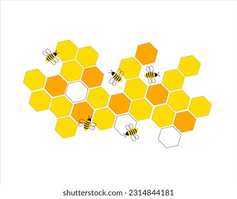 Honey bees and golden honeycombs. Vector illustration for decor on white background. 