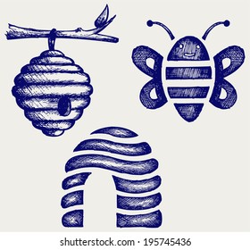 Honey bees and hive. Doodle style