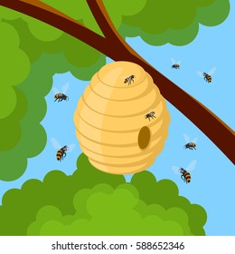 Honey bees and hive on tree branch. Vector illustration of bee house with a circular entrance. Insect life in nature