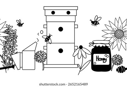 Honey, bees honeycomb flowers horizontal seamless border. Vector graphic line illustration. For poster, flyer, banner, invitation, social media, party or sale
